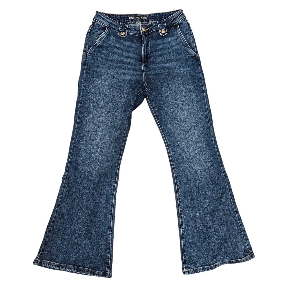 Michael Kors Womens Dark Wash Flare Jeans Gold Button Wide Leg High Rise Size 8